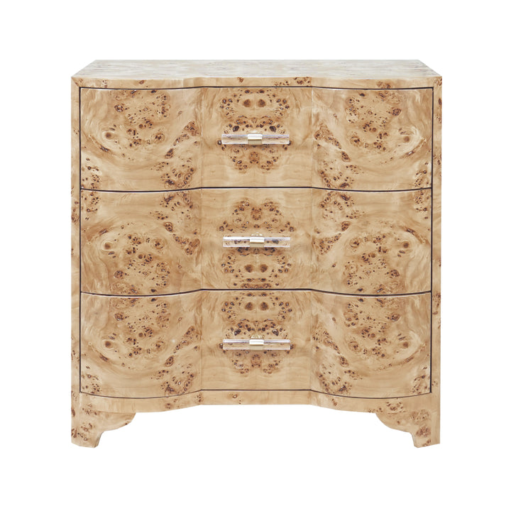 Three Drawer Side Table In Burl Wood With Acrylic Hardware - CALVIN BW