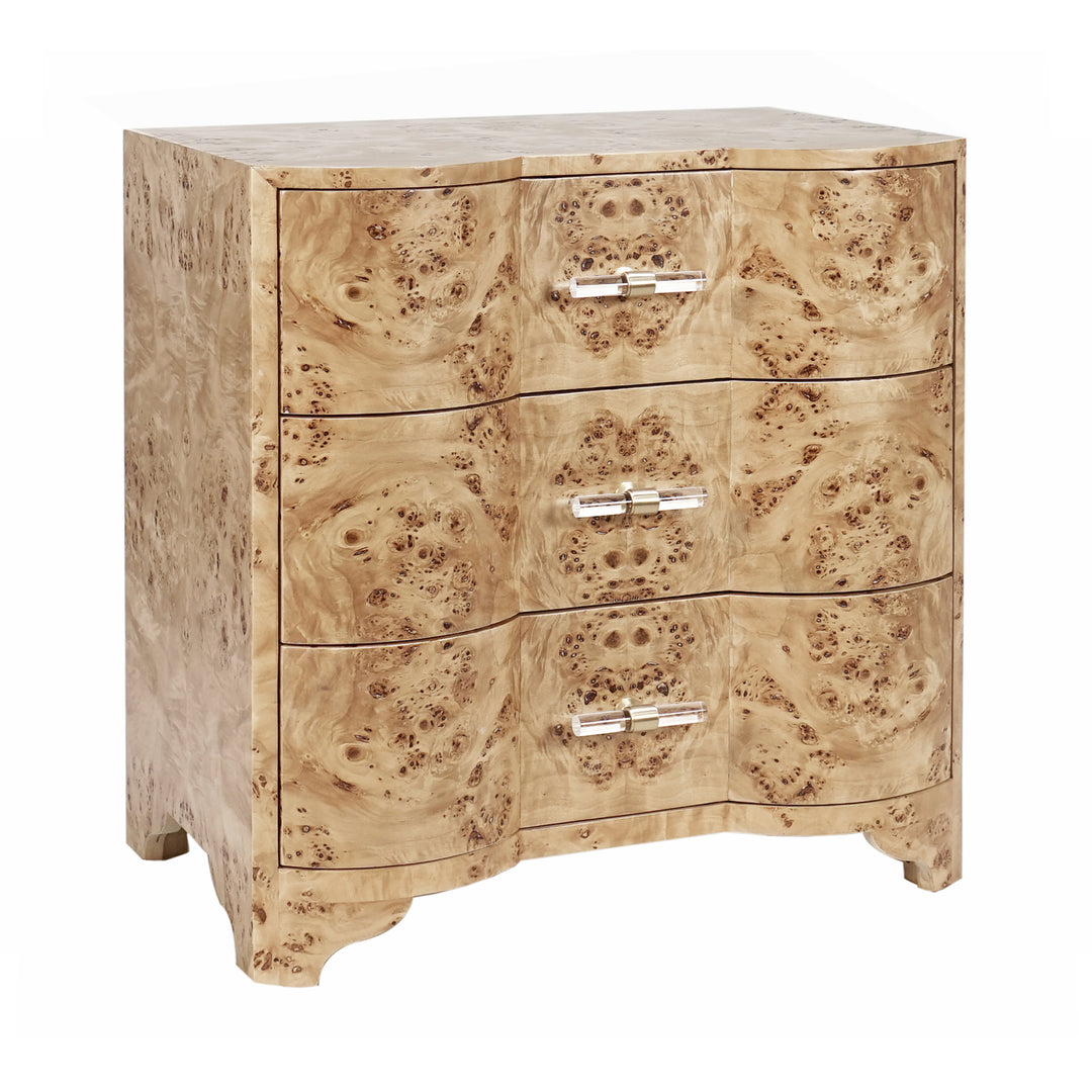 Three Drawer Side Table In Burl Wood With Acrylic Hardware - CALVIN BW