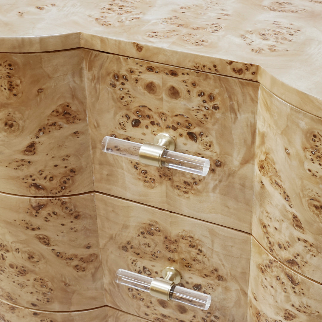 Three Drawer Side Table In Burl Wood With Acrylic Hardware - CALVIN BW