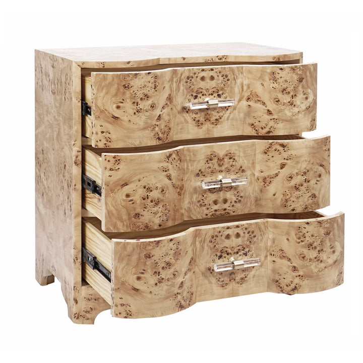 Three Drawer Side Table In Burl Wood With Acrylic Hardware - CALVIN BW