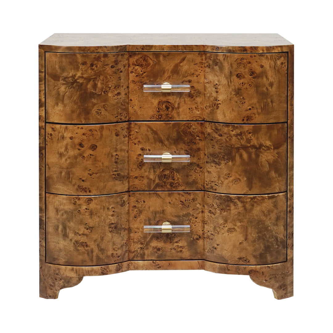 Three Drawer Side Table In Dark Burl Wood With Acrylic Hardware - CALVIN DBW