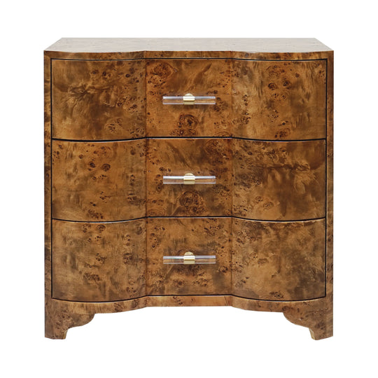Three Drawer Side Table In Dark Burl Wood With Acrylic Hardware - CALVIN DBW
