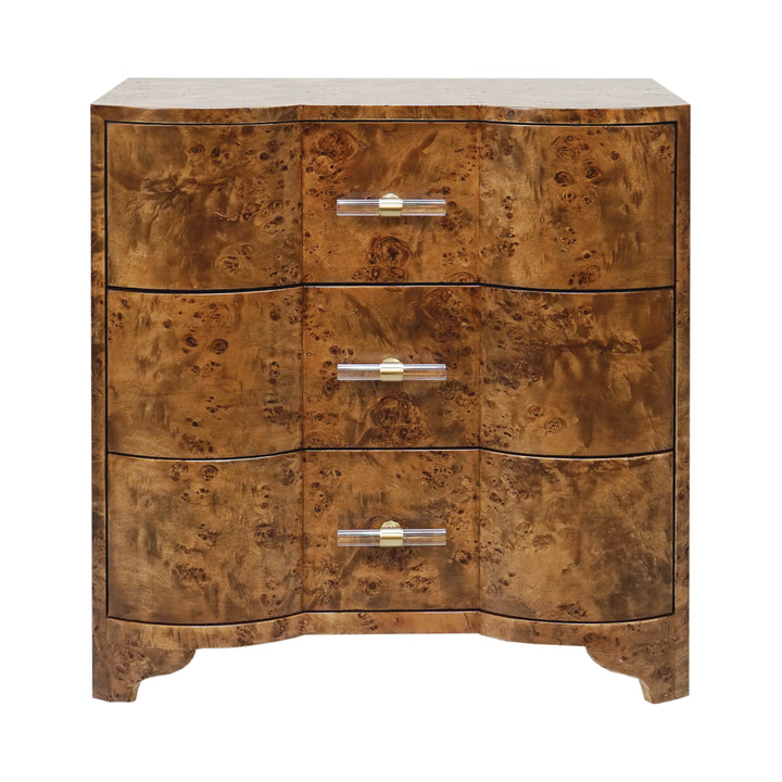 Three Drawer Side Table In Dark Burl Wood With Acrylic Hardware - CALVIN DBW