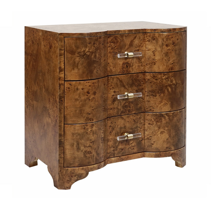 Three Drawer Side Table In Dark Burl Wood With Acrylic Hardware - CALVIN DBW