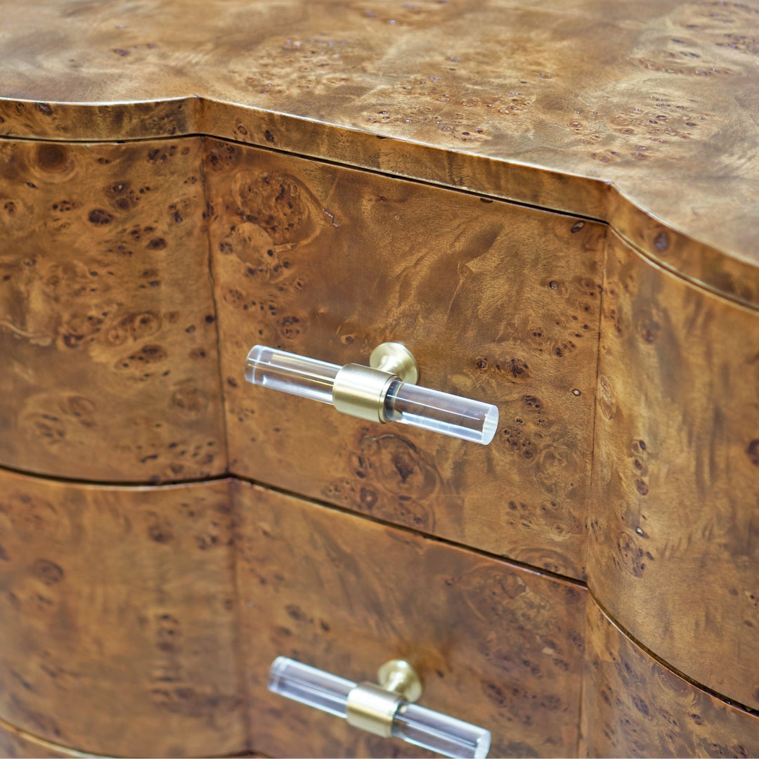 Three Drawer Side Table In Dark Burl Wood With Acrylic Hardware - CALVIN DBW