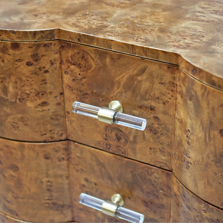 Three Drawer Side Table In Dark Burl Wood With Acrylic Hardware - CALVIN DBW