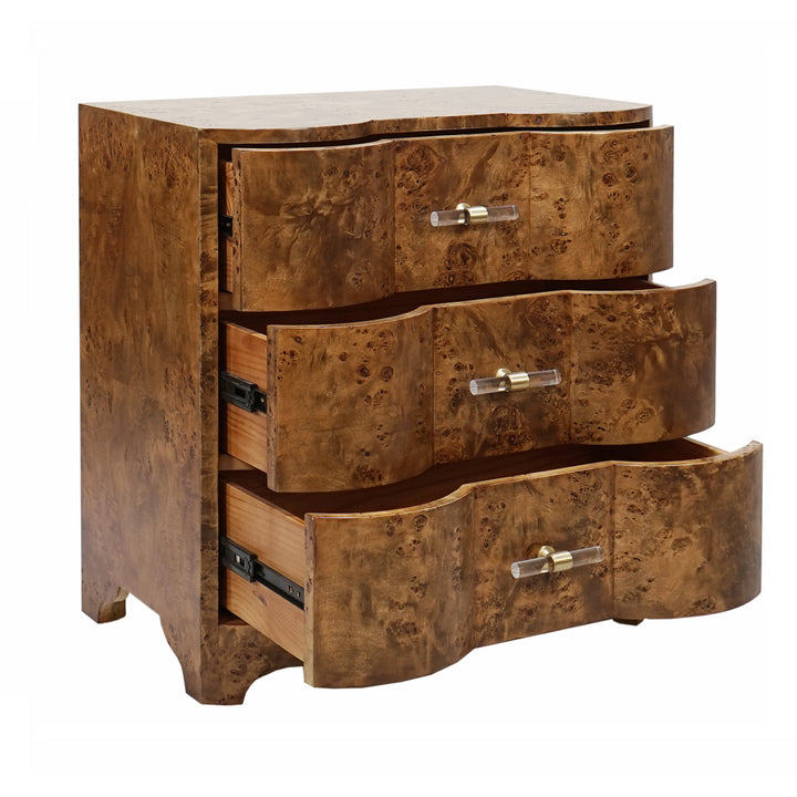 Three Drawer Side Table In Dark Burl Wood With Acrylic Hardware - CALVIN DBW