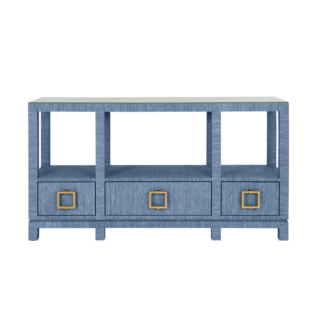 Open Shelf Console With Three Bottom Drawers And Square Satin Brass Hardware In Dyed Blue Grasscloth - CAMPBELL BL