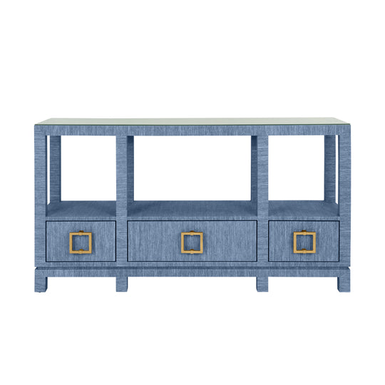 Open Shelf Console With Three Bottom Drawers And Square Satin Brass Hardware In Dyed Blue Grasscloth - CAMPBELL BL