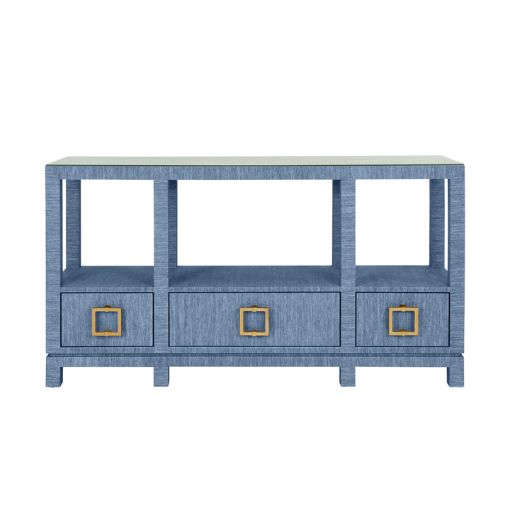 Open Shelf Console With Three Bottom Drawers And Square Satin Brass Hardware In Dyed Blue Grasscloth - CAMPBELL BL