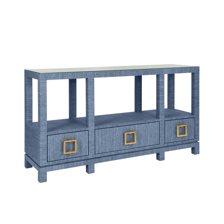 Open Shelf Console With Three Bottom Drawers And Square Satin Brass Hardware In Dyed Blue Grasscloth - CAMPBELL BL