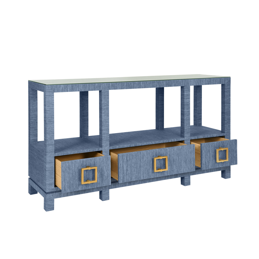 Open Shelf Console With Three Bottom Drawers And Square Satin Brass Hardware In Dyed Blue Grasscloth - CAMPBELL BL