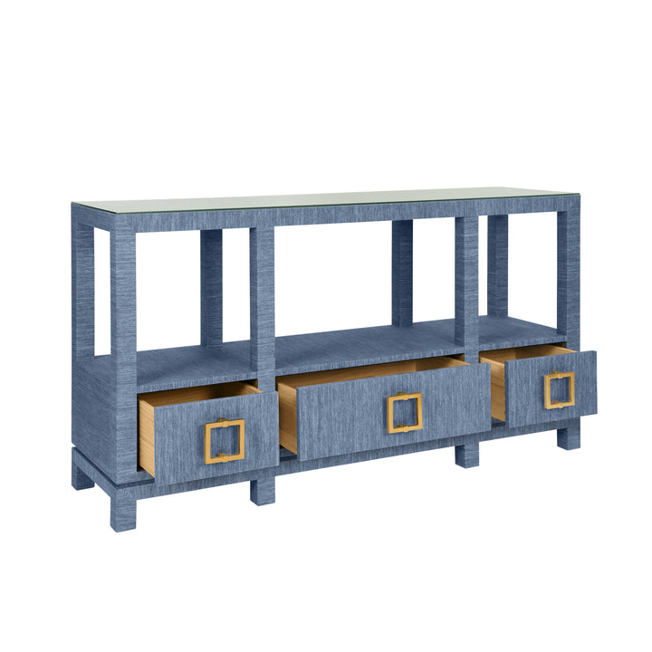 Open Shelf Console With Three Bottom Drawers And Square Satin Brass Hardware In Dyed Blue Grasscloth - CAMPBELL BL