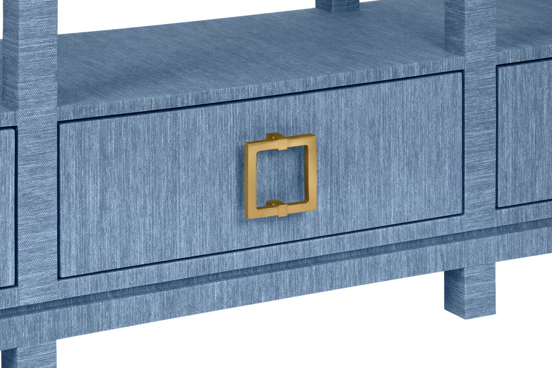 Open Shelf Console With Three Bottom Drawers And Square Satin Brass Hardware In Dyed Blue Grasscloth - CAMPBELL BL
