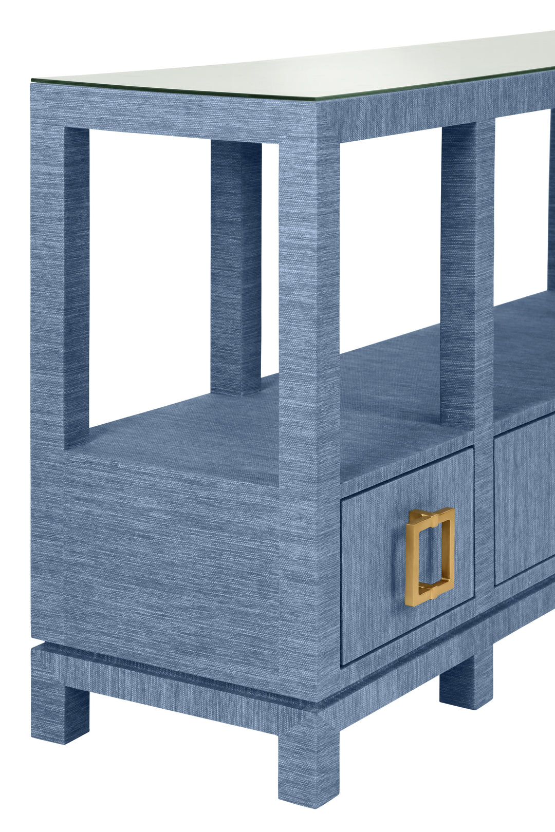Open Shelf Console With Three Bottom Drawers And Square Satin Brass Hardware In Dyed Blue Grasscloth - CAMPBELL BL