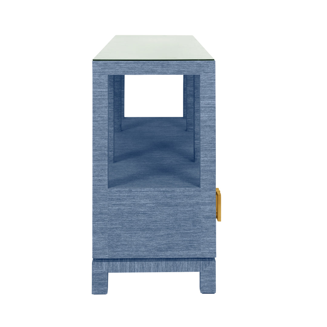 Open Shelf Console With Three Bottom Drawers And Square Satin Brass Hardware In Dyed Blue Grasscloth - CAMPBELL BL