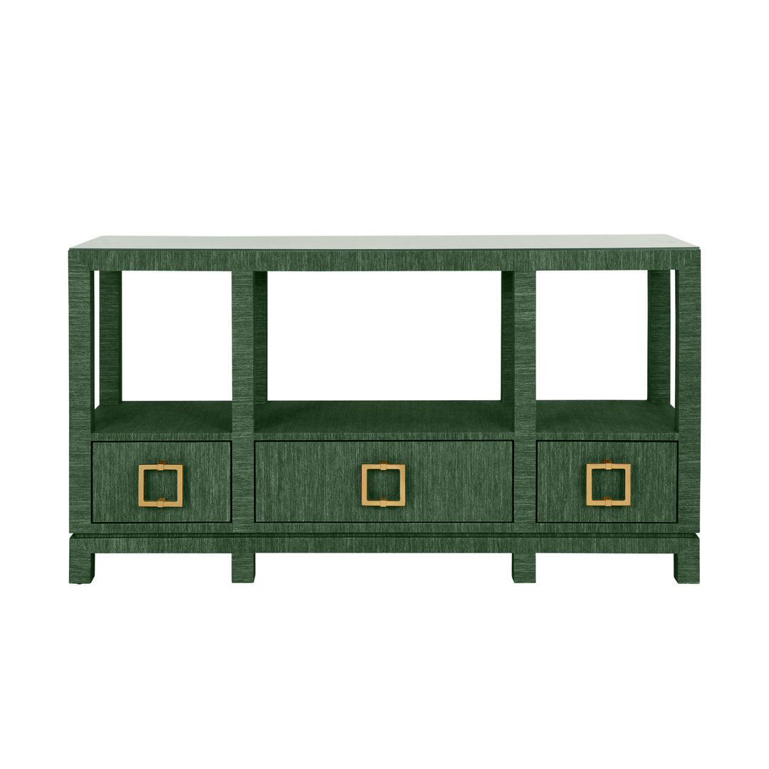 Open Shelf Console With Three Bottom Drawers And Square Satin Brass Hardware In Dyed Green Grasscloth - CAMPBELL GR