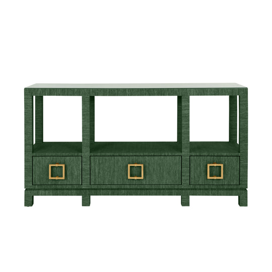 Open Shelf Console With Three Bottom Drawers And Square Satin Brass Hardware In Dyed Green Grasscloth - CAMPBELL GR
