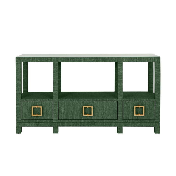 Open Shelf Console With Three Bottom Drawers And Square Satin Brass Hardware In Dyed Green Grasscloth - CAMPBELL GR