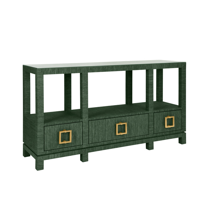 Open Shelf Console With Three Bottom Drawers And Square Satin Brass Hardware In Dyed Green Grasscloth - CAMPBELL GR