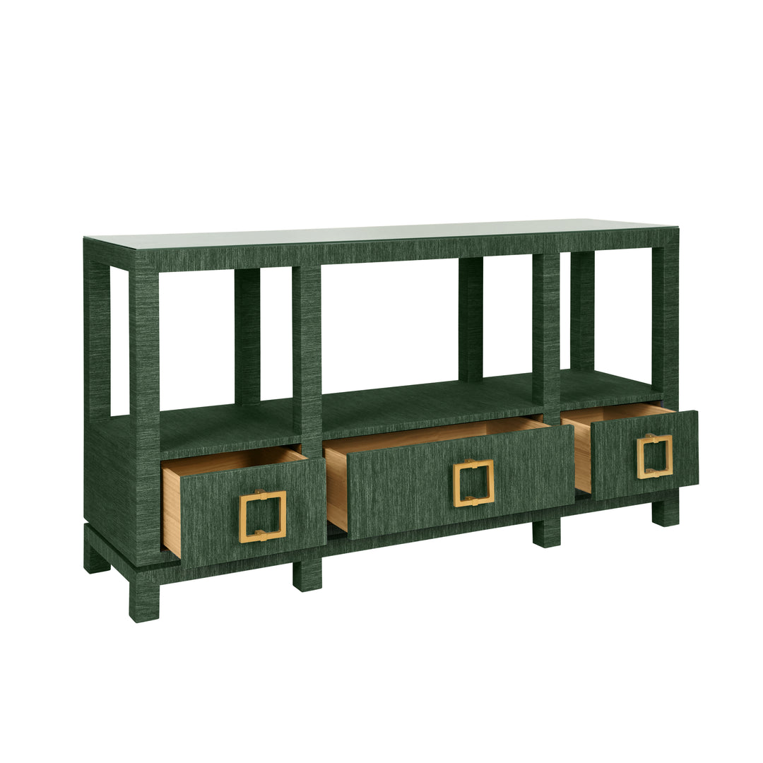 Open Shelf Console With Three Bottom Drawers And Square Satin Brass Hardware In Dyed Green Grasscloth - CAMPBELL GR