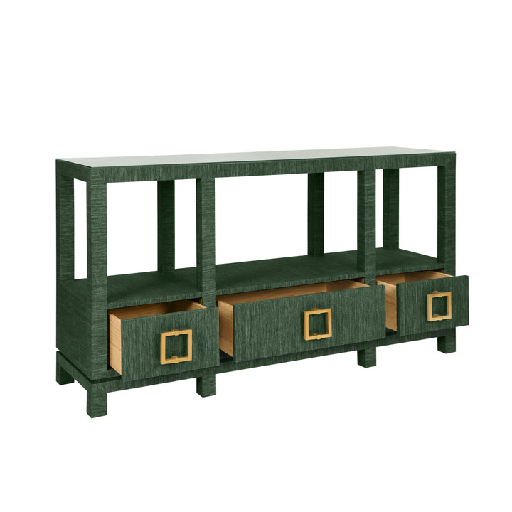 Open Shelf Console With Three Bottom Drawers And Square Satin Brass Hardware In Dyed Green Grasscloth - CAMPBELL GR