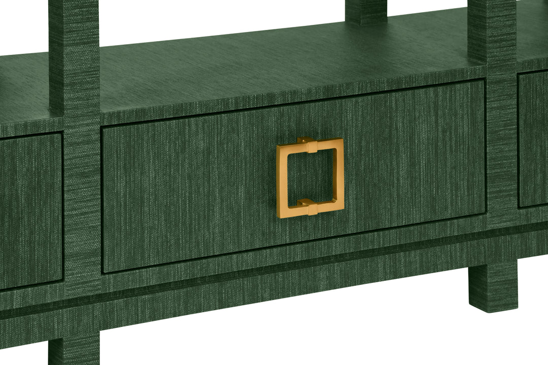Open Shelf Console With Three Bottom Drawers And Square Satin Brass Hardware In Dyed Green Grasscloth - CAMPBELL GR