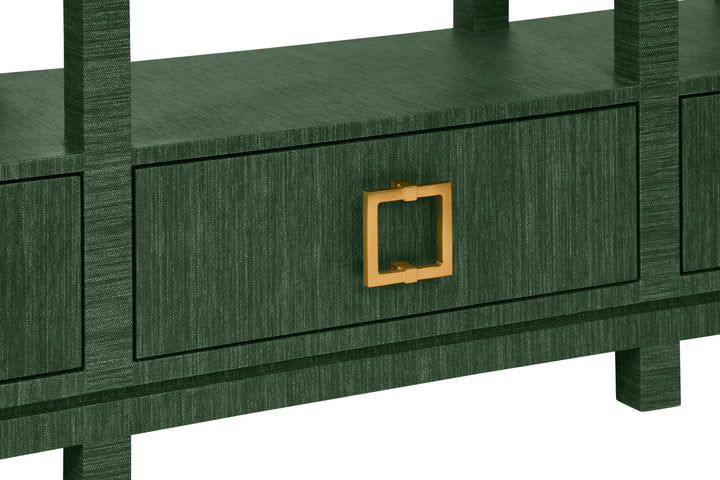 Open Shelf Console With Three Bottom Drawers And Square Satin Brass Hardware In Dyed Green Grasscloth - CAMPBELL GR