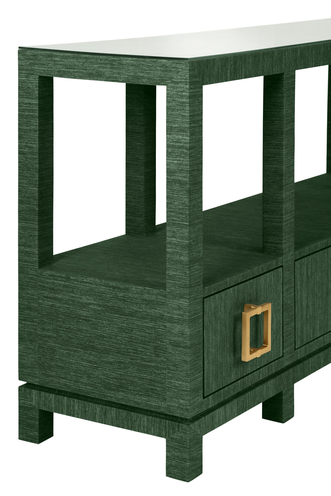 Open Shelf Console With Three Bottom Drawers And Square Satin Brass Hardware In Dyed Green Grasscloth - CAMPBELL GR