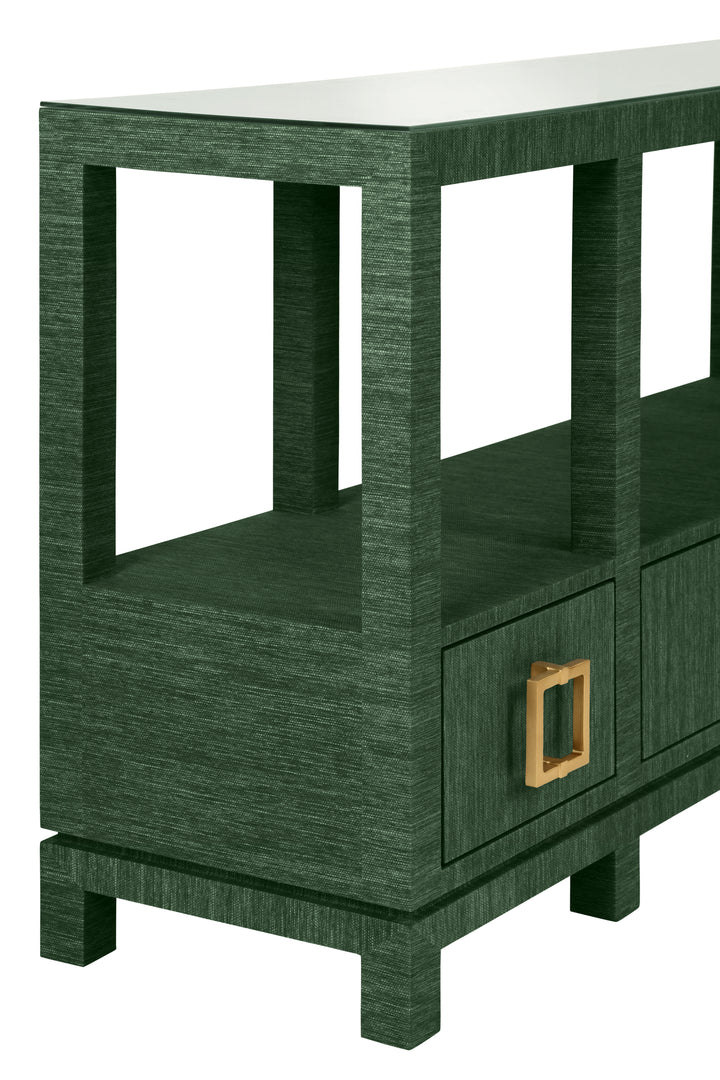 Open Shelf Console With Three Bottom Drawers And Square Satin Brass Hardware In Dyed Green Grasscloth - CAMPBELL GR