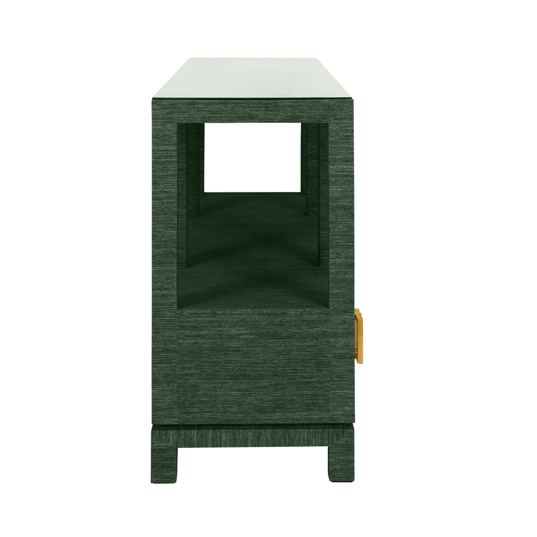 Open Shelf Console With Three Bottom Drawers And Square Satin Brass Hardware In Dyed Green Grasscloth - CAMPBELL GR