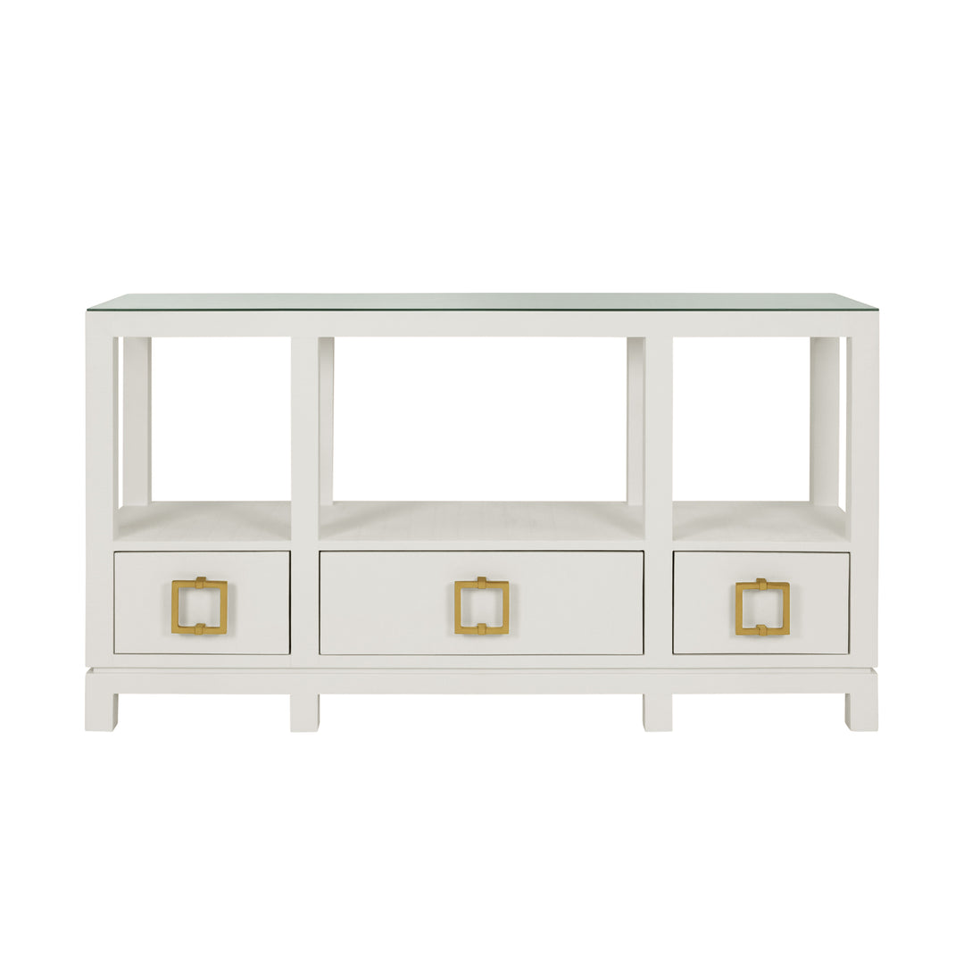 Open Shelf Console With Three Bottom Drawers And Square Satin Brass Hardware In White Textured Linen - CAMPBELL WH