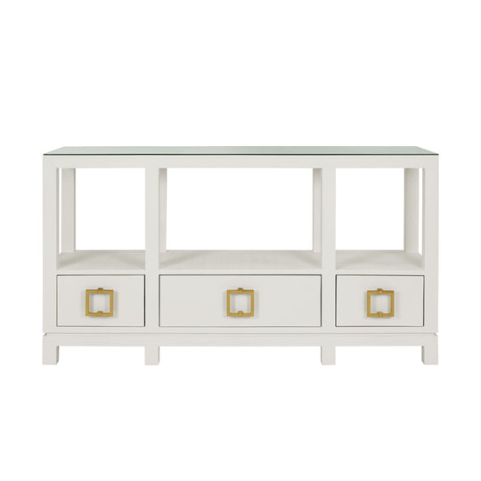 Open Shelf Console With Three Bottom Drawers And Square Satin Brass Hardware In White Textured Linen - CAMPBELL WH