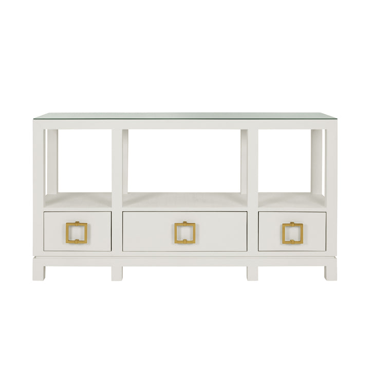 Open Shelf Console With Three Bottom Drawers And Square Satin Brass Hardware In White Textured Linen - CAMPBELL WH