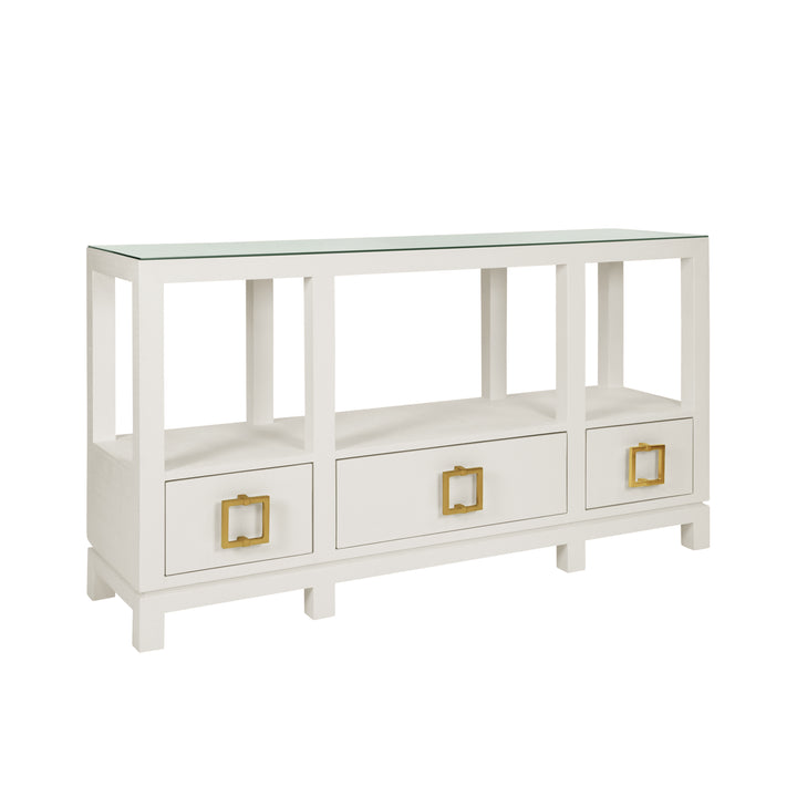Open Shelf Console With Three Bottom Drawers And Square Satin Brass Hardware In White Textured Linen - CAMPBELL WH