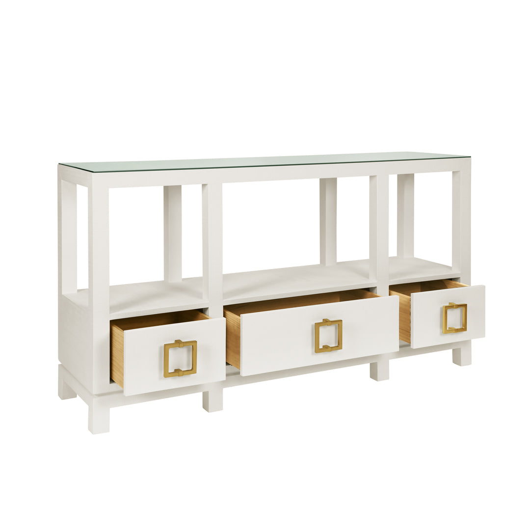 Open Shelf Console With Three Bottom Drawers And Square Satin Brass Hardware In White Textured Linen - CAMPBELL WH