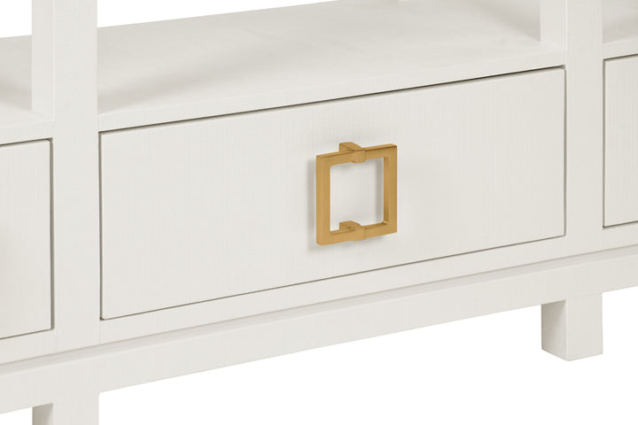 Open Shelf Console With Three Bottom Drawers And Square Satin Brass Hardware In White Textured Linen - CAMPBELL WH