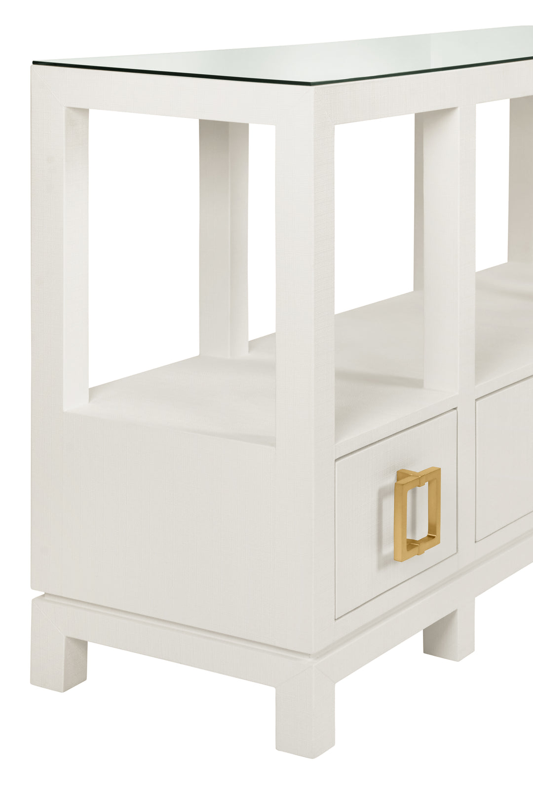 Open Shelf Console With Three Bottom Drawers And Square Satin Brass Hardware In White Textured Linen - CAMPBELL WH