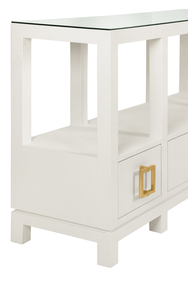Open Shelf Console With Three Bottom Drawers And Square Satin Brass Hardware In White Textured Linen - CAMPBELL WH