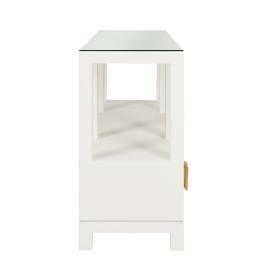 Open Shelf Console With Three Bottom Drawers And Square Satin Brass Hardware In White Textured Linen - CAMPBELL WH
