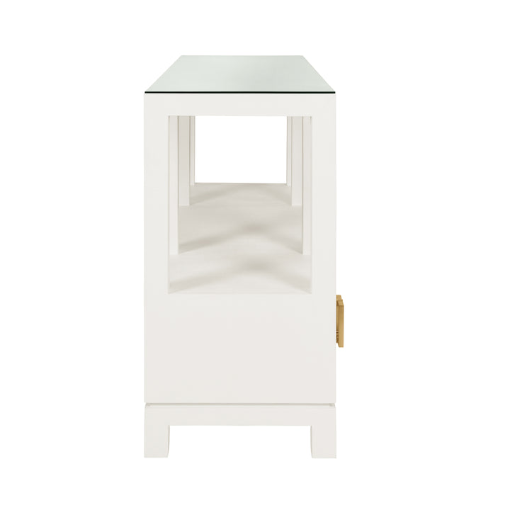 Open Shelf Console With Three Bottom Drawers And Square Satin Brass Hardware In White Textured Linen - CAMPBELL WH