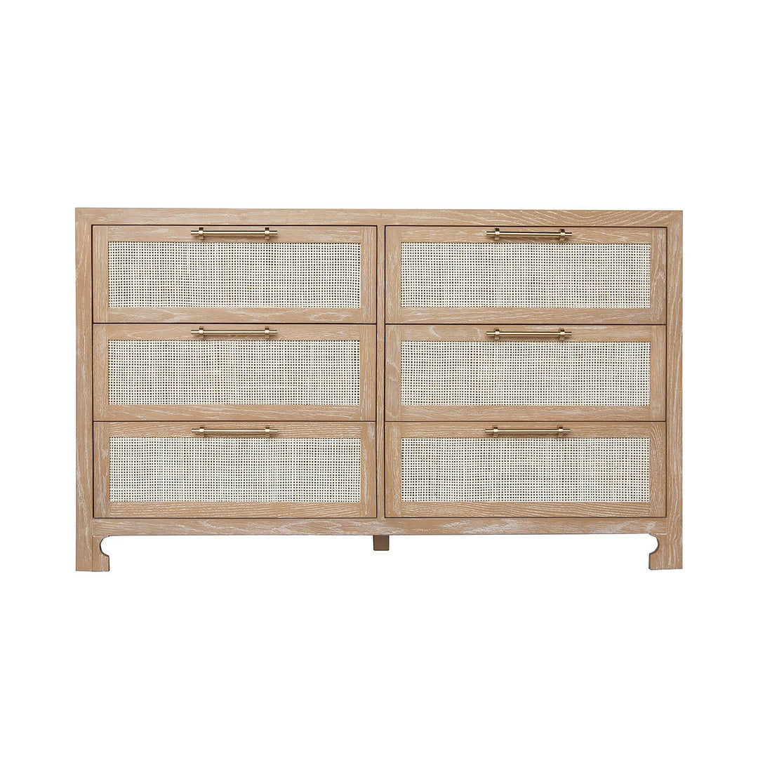 Six Drawer Cane Front Chest With Brass Hardware In Cerused Oak Finish - CARLA CO