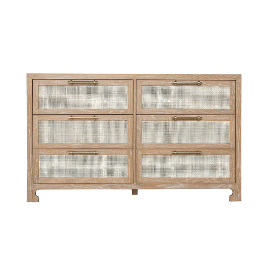 Six Drawer Cane Front Chest With Brass Hardware In Cerused Oak Finish - CARLA CO