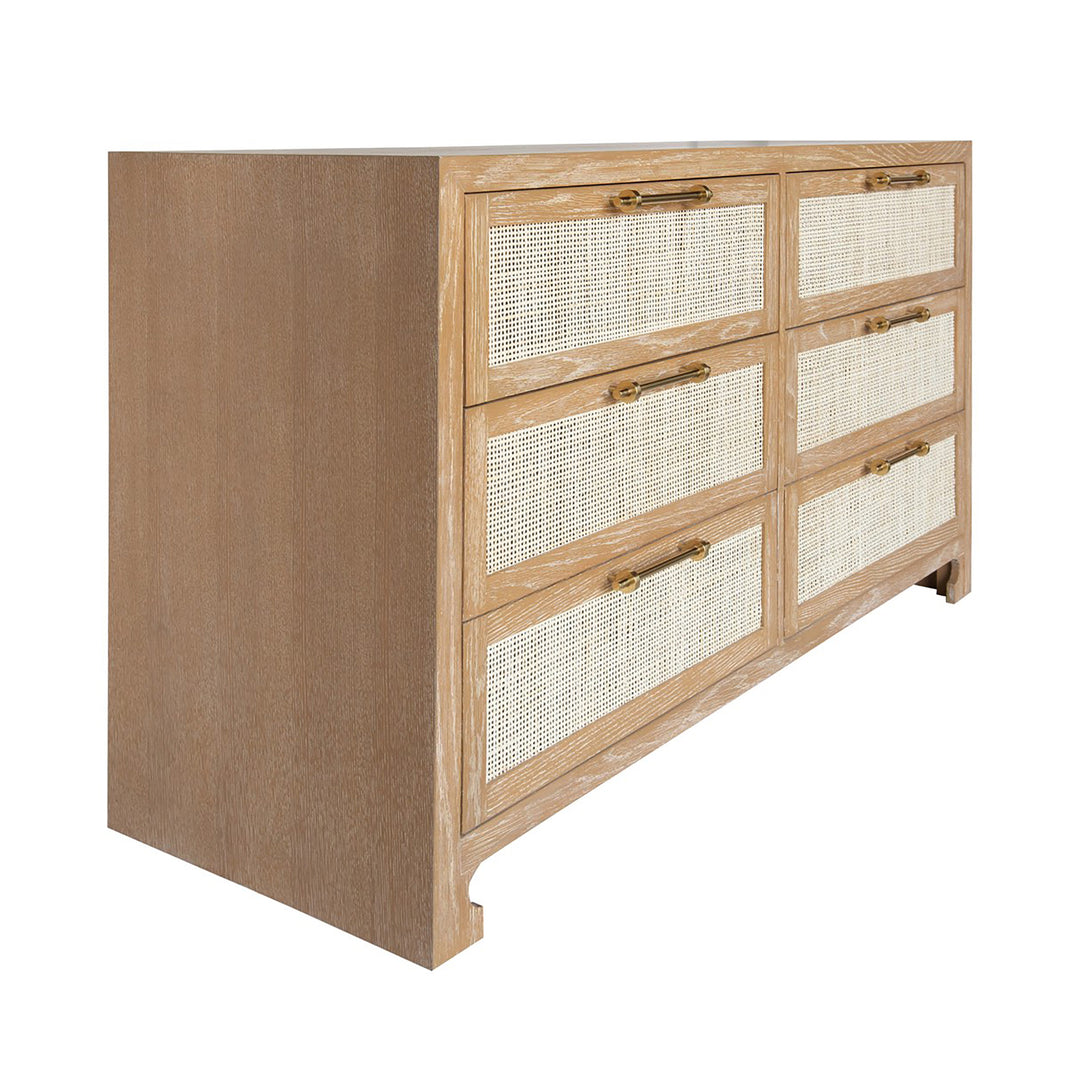 Six Drawer Cane Front Chest With Brass Hardware In Cerused Oak Finish - CARLA CO