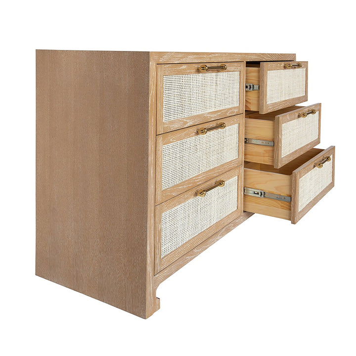 Six Drawer Cane Front Chest With Brass Hardware In Cerused Oak Finish - CARLA CO
