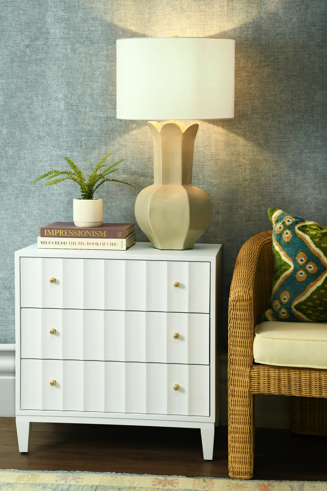 Three Drawer Side Table With Fluted Detail In Matte White Lacquer - CARMACK WH