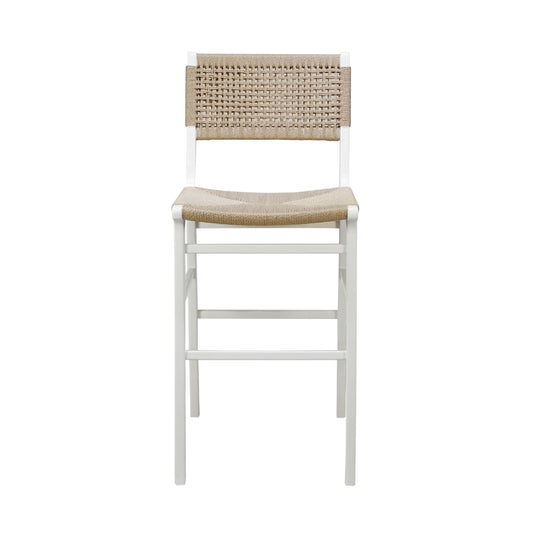 Woven Back Bar Stool With Rush Seat In Matte White Lacquer - CARSON WH
