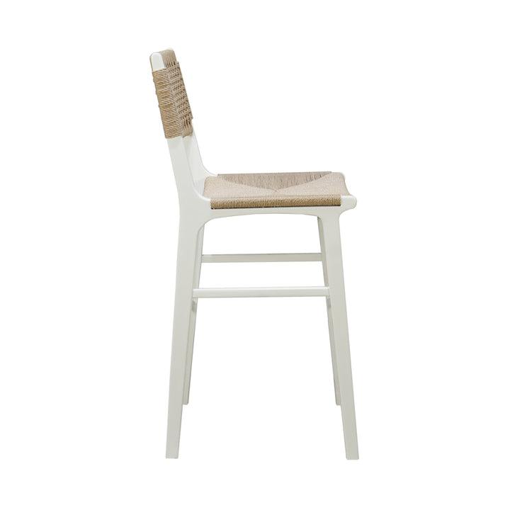 Woven Back Bar Stool With Rush Seat In Matte White Lacquer - CARSON WH
