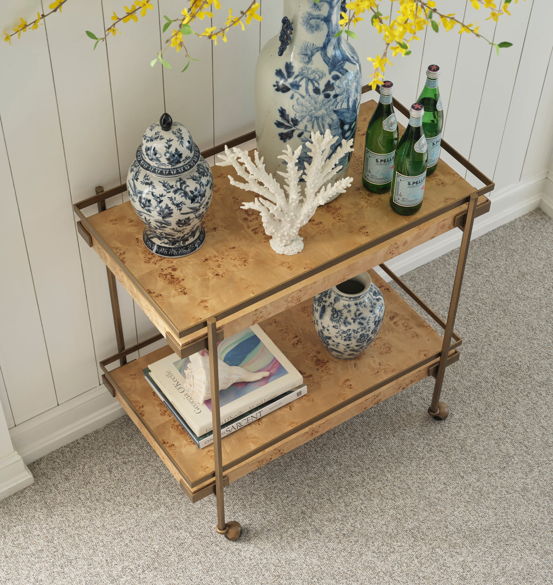 Antique Brass Bar Cart With Shelves In Burl Wood - CASH BW