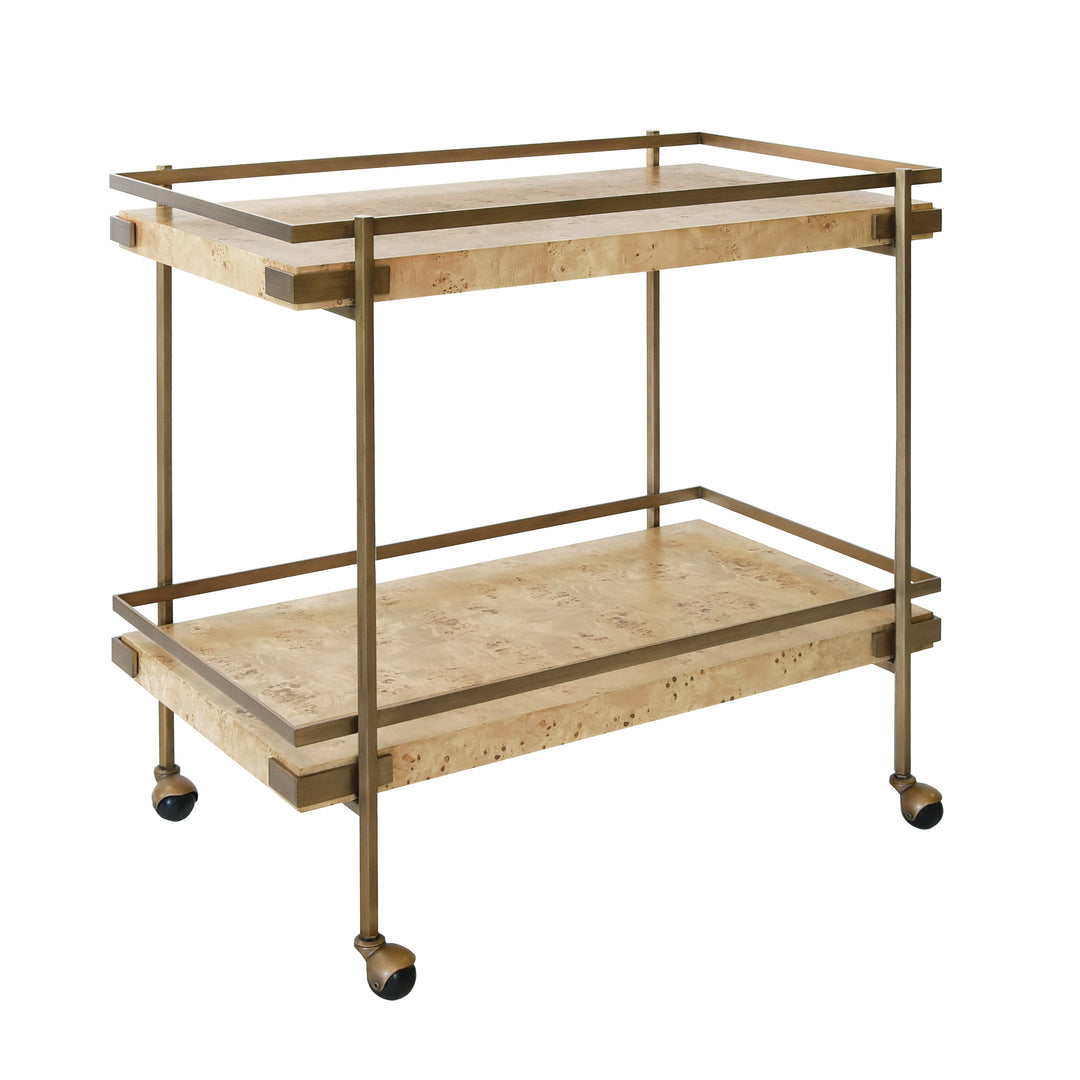 Antique Brass Bar Cart With Shelves In Burl Wood - CASH BW